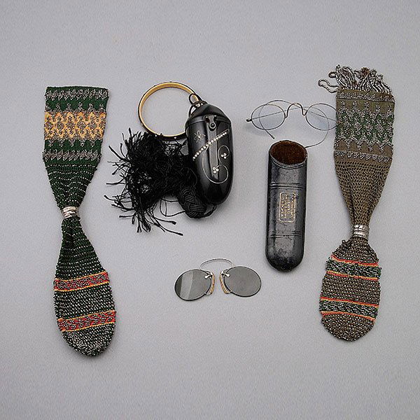 Two Miser Purses, a Bakelite Purse, etc.: Two Art Deco Miser Steel Cut Purses and a Bakelite Purse Attached to Bracelet, Together with Two Vintage Sunglasses, one with case {Length of bakelite purse 17 inches}