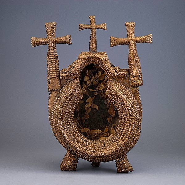 Tramp Art Home Shrine: Tramp Art Home Shrine, chip carved gilt painted, with three cross finials {Height 14 inches}