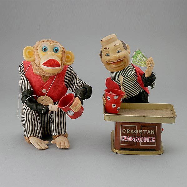 Two Vintage Cragston Gambling Toys:: Two Vintage Cragston Gambling Toys: Including a crap shooting monkey and a dealer {Height of monkey 8 3/4 inches} [loss to monkey's hand, dealer missing hat]