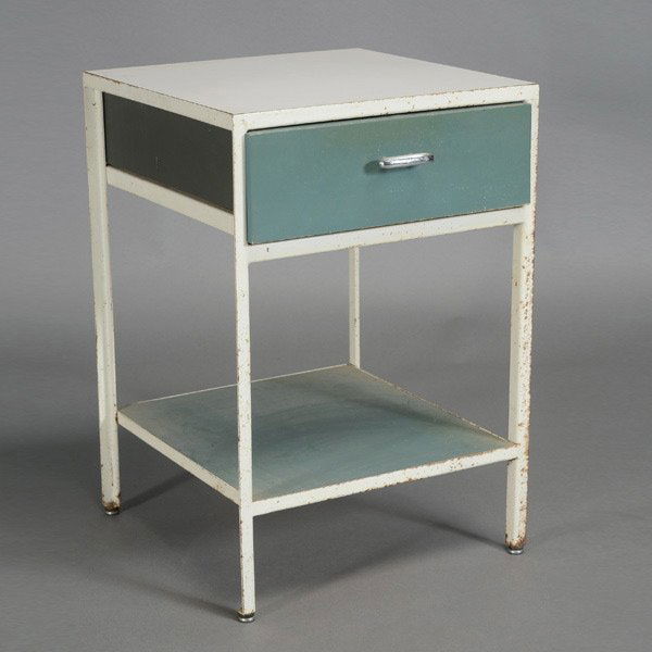 George Nelson Steel Case.: George Nelson Steel Case. Turquoise, one drawer end table. Measuring approximately 17 inches in width, 17 inches in depth, 24 inches in height.
