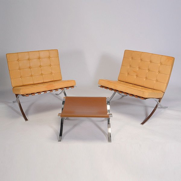 Pair of Knoll Barcelona Chairs with Ottoman.: Pair of Knoll Barcelona Chairs with Ottoman. Chairs are fashioned in tan leather upholstery, Knoll labels on bottom.