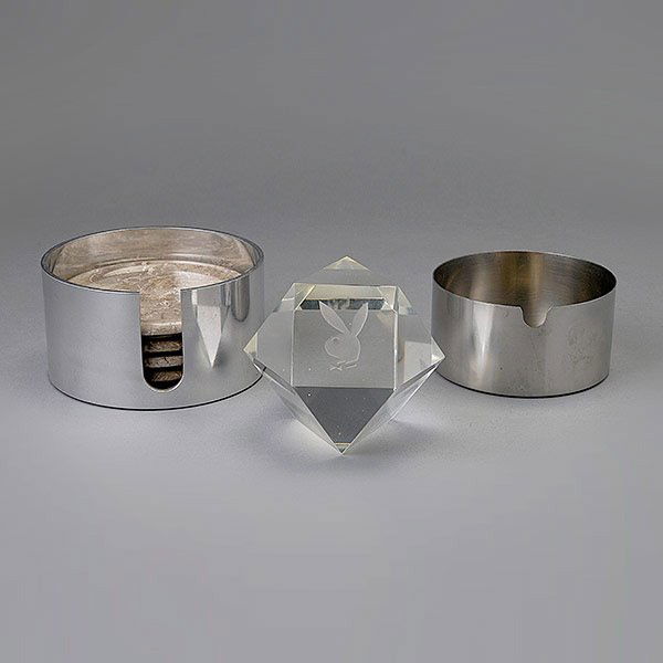 Playboy Bunny Paperweight and Gents Accessories.: Playboy Bunny Paperweight and Gents Accessories. Includes Shelton stainless steel ashtray and stone coasters in metal holder, 1960s vintage.