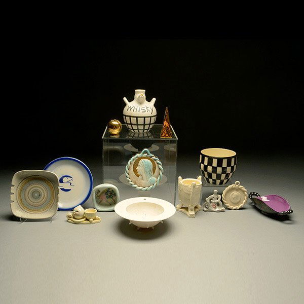 Lot of Novelty Porcelains.: Lot of Novelty Porcelains. Includes makers such as Royal Doulton, Russel Wright and Glidden, with containers, decorative items, salt and pepper shakers and ashtray.