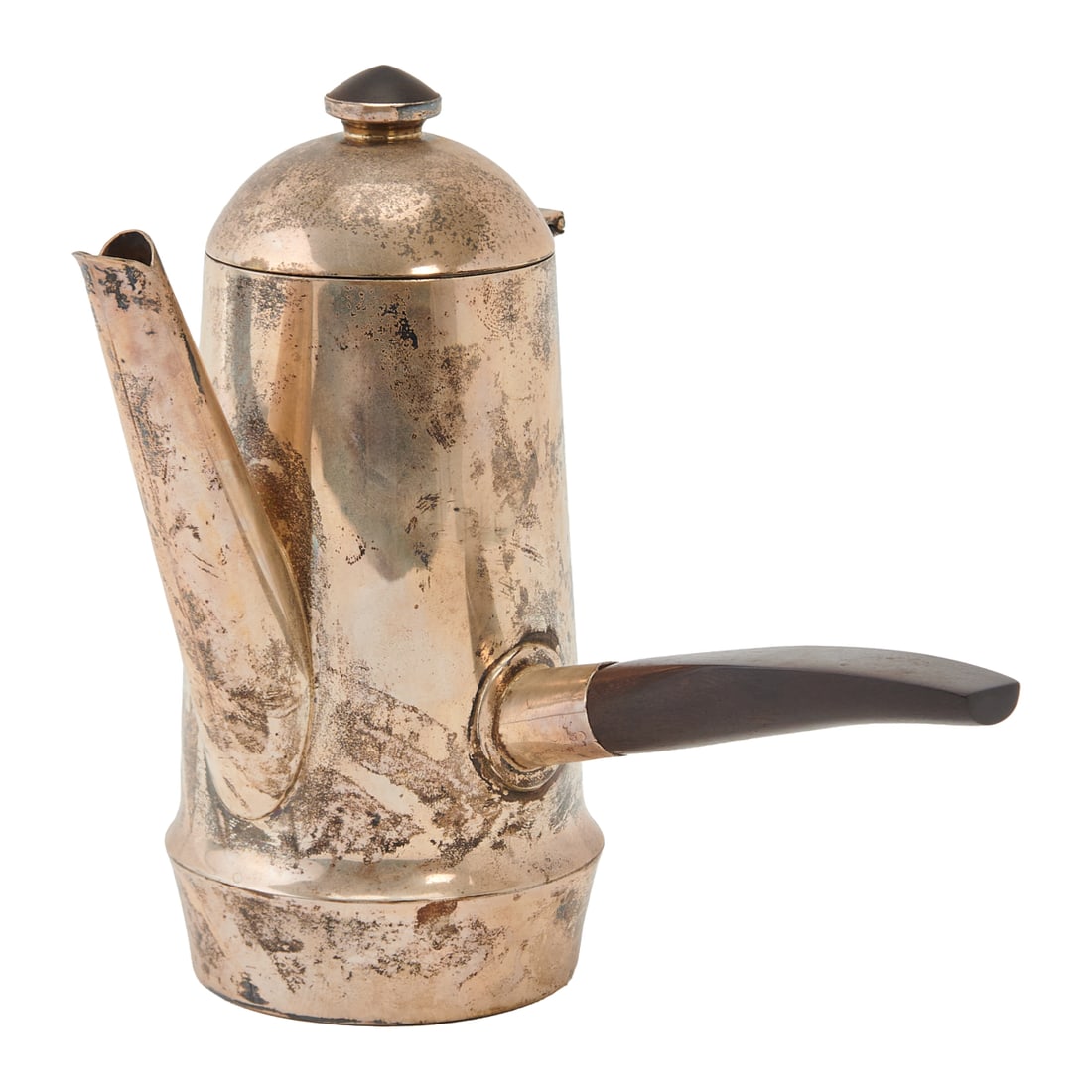 William Spratling Sterling Silver, Rosewood Hot Chocolate Pot, the flaring, straight sided vessel: William Spratling Sterling Silver, Rosewood Hot Chocolate Pot, the flaring, straight sided vessel with rosewood handle at angle from spout, with rosewood knop to lid. Impressed touchmarks to underside