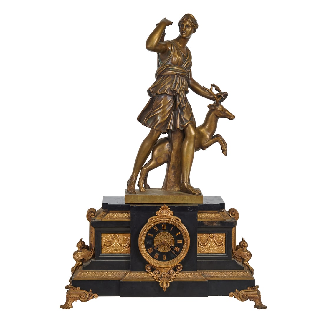 Belle Epoque Mantle Clock with Patinated Gilt BrassFigure of Diana the Huntress, the slate clock (1 of 7)