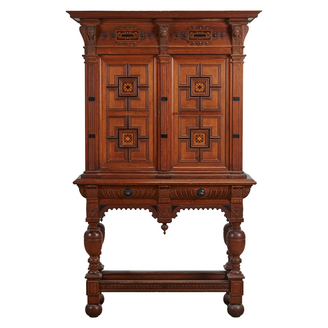 Baroque Style Inlaid Oak Cabinet on Stand, the top section with two blind, coffered doors revealing (1 of 6)