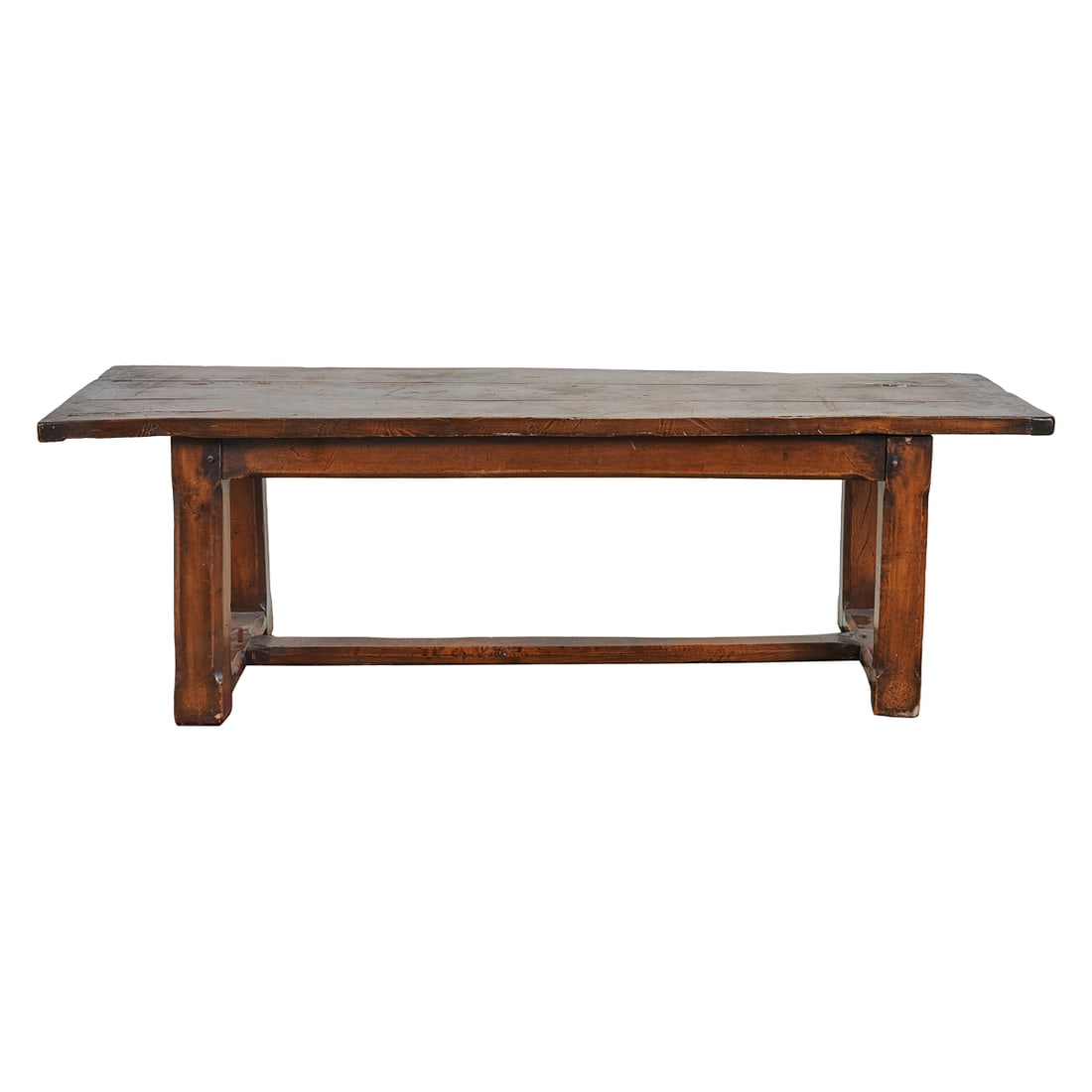 Mission Style Stained Oak Refectory Table, the solid top of three slabs, with additional to ends, (1 of 3)