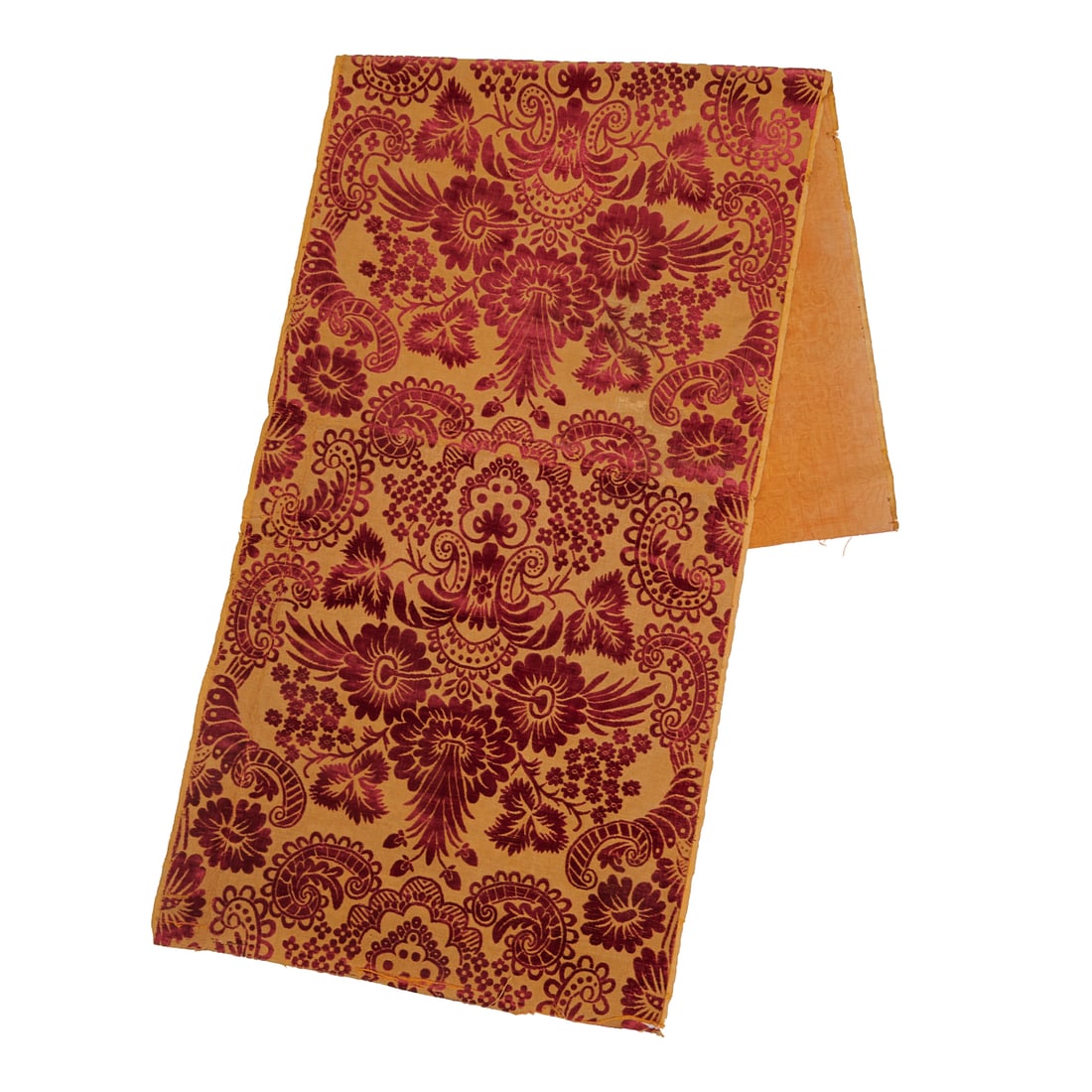 Antique French or Italian Red Cut Velvet Panel, the stylized floral and foliate design rendered on: Antique French or Italian Red Cut Velvet Panel, the stylized floral and foliate design rendered on an orange ocher ground. Early 18th Century.{Approximate dimensions: 20 3/4 inchesx 72 inches.}.