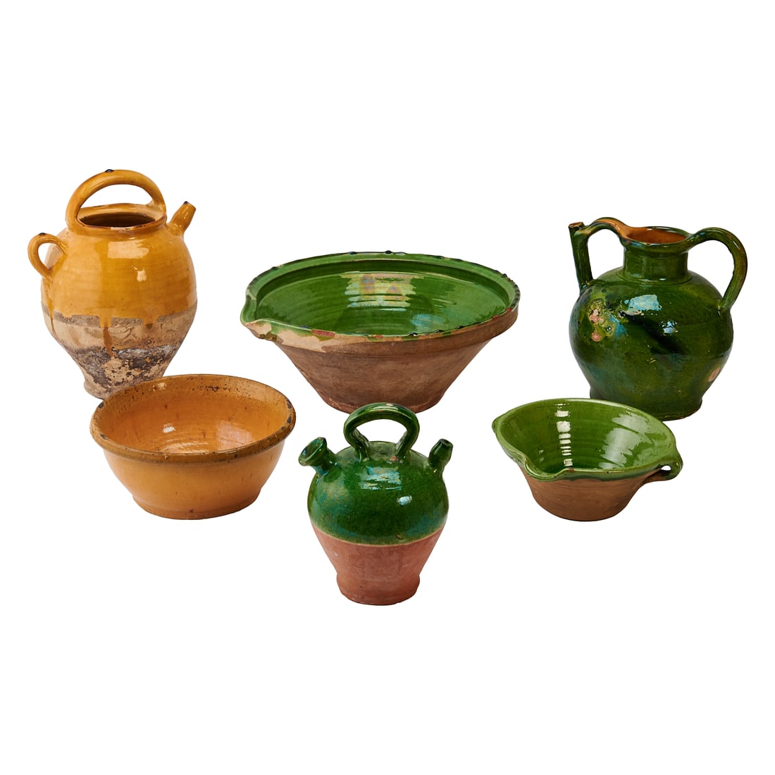 SixFrench Faience Table Articles: including three pitchers and three bowls. Glazed in ocher or (1 of 5)