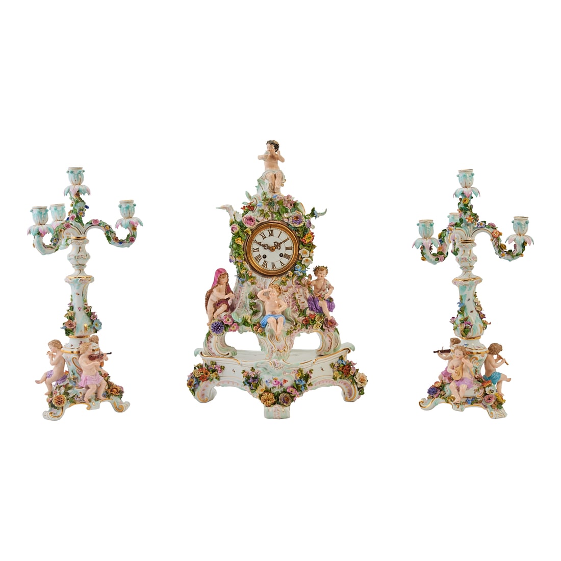 Meissen Porcelain Figural Clock Garniture, comprising a Rococo style figural mantel clock, and two (1 of 9)