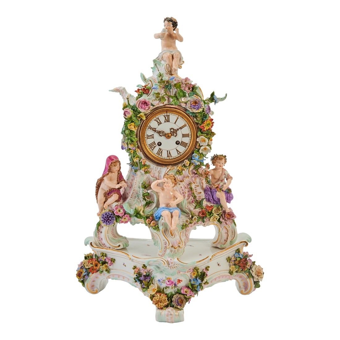 Meissen Porcelain Figural Clock Garniture, comprising a Rococo style figural mantel clock, and two - 2