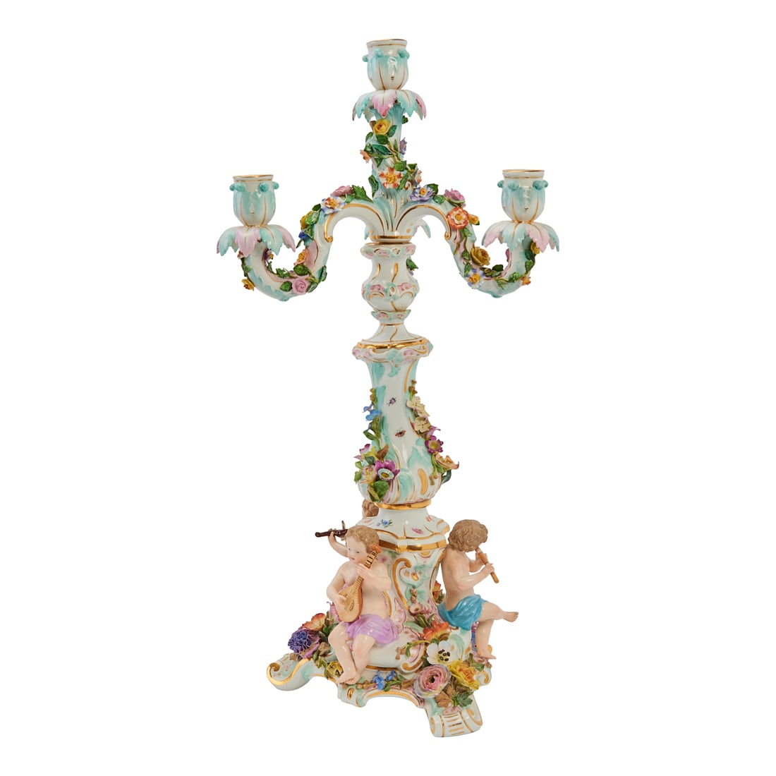 Meissen Porcelain Figural Clock Garniture, comprising a Rococo style figural mantel clock, and two - 3