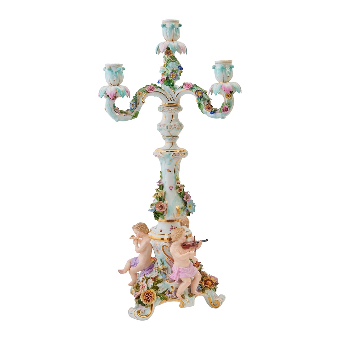 Meissen Porcelain Figural Clock Garniture, comprising a Rococo style figural mantel clock, and two - 4