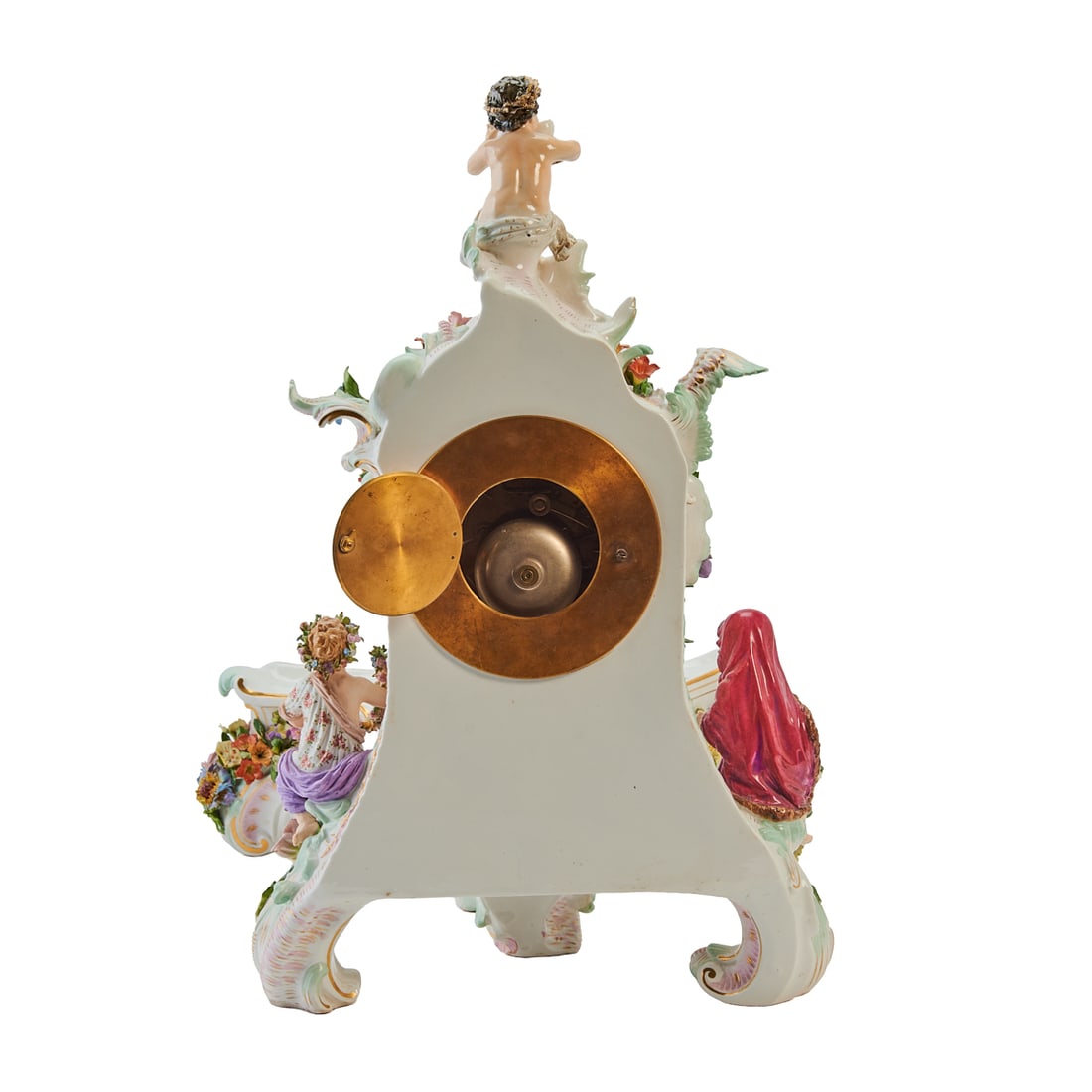 Meissen Porcelain Figural Clock Garniture, comprising a Rococo style figural mantel clock, and two - 5