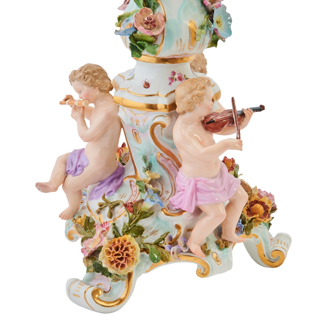 Meissen Porcelain Figural Clock Garniture, comprising a Rococo style figural mantel clock, and two - 6
