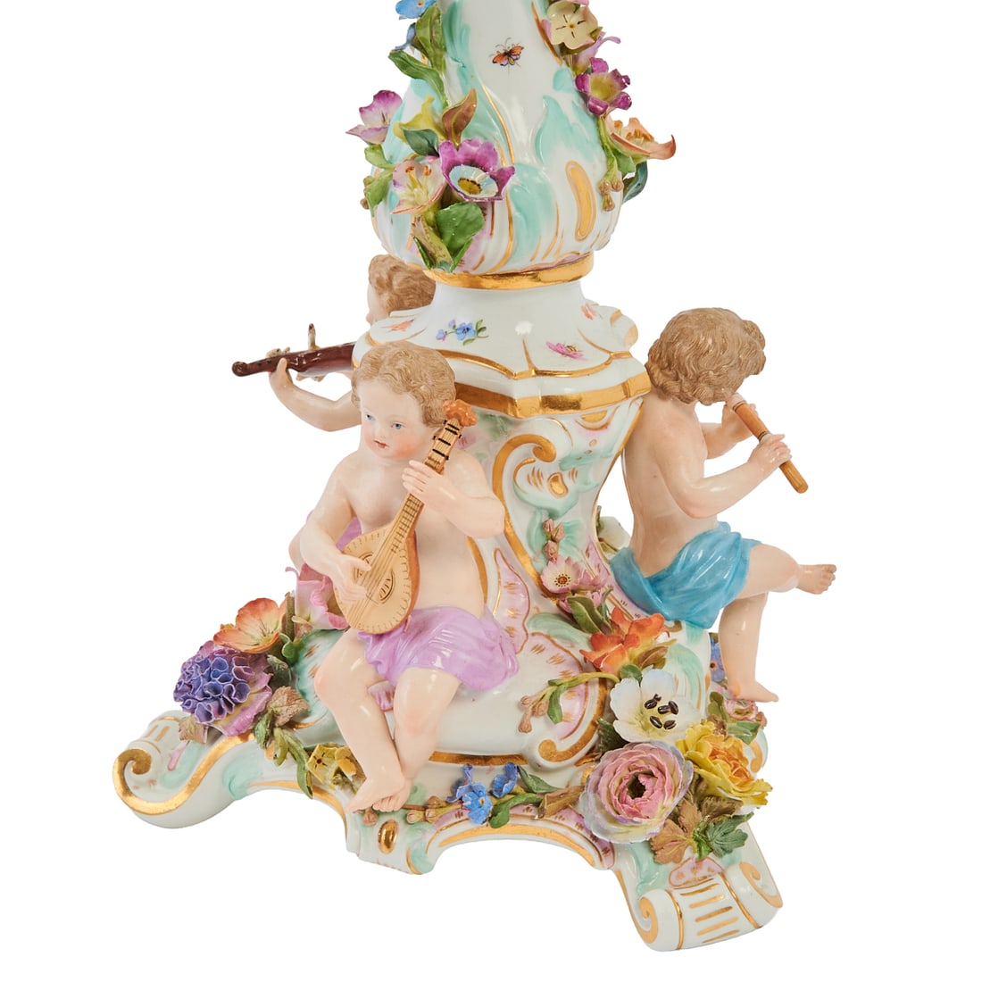 Meissen Porcelain Figural Clock Garniture, comprising a Rococo style figural mantel clock, and two - 7