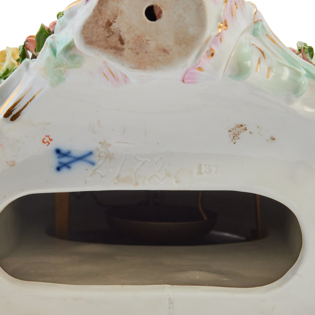 Meissen Porcelain Figural Clock Garniture, comprising a Rococo style figural mantel clock, and two - 9