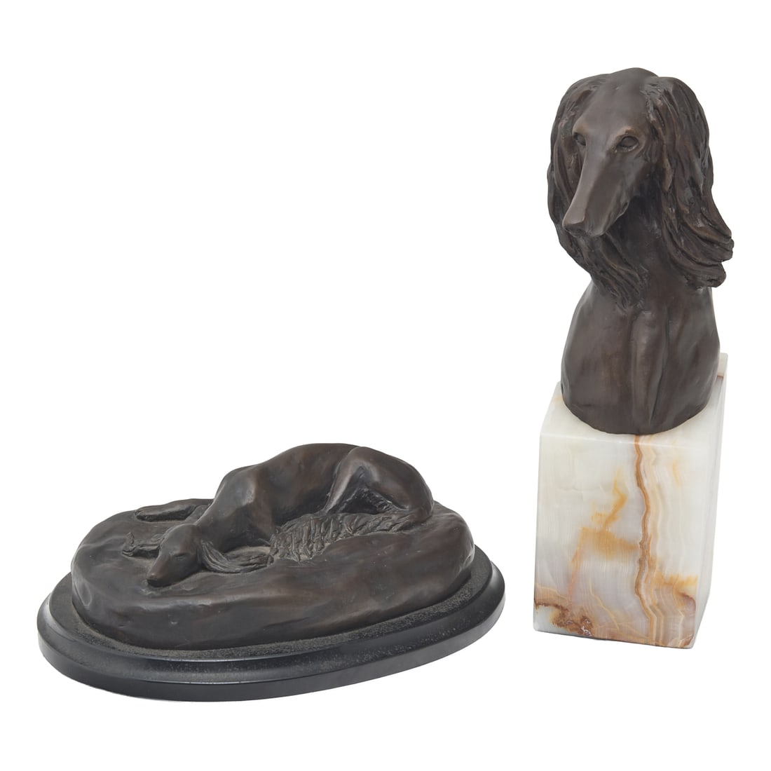 Two Modern American Sculptures, Saluki Hound Dogs by Nancy Leising. The first, a neck length: Two Modern American Sculptures, Saluki Hound Dogs by Nancy Leising. The first, a neck length portrait of a hound, on onyx base. Signed, to back of neck, M. L. EISINE. The second, the hound splayed out