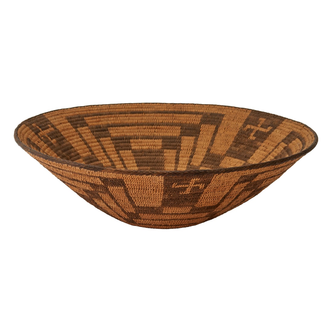 Pima Woven and Coiled Gathering Basket, the tapering, straight sided body withtwo toned brown, (1 of 3)