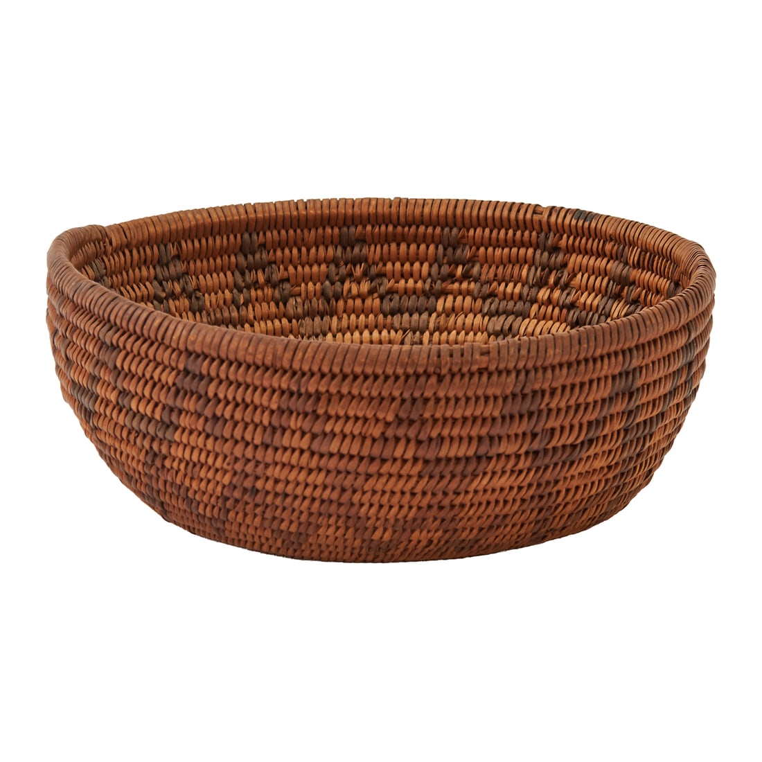 Pima Woven and Coiled Basket, the small, bowl form decorated with two tonediamond pattern to sides (1 of 3)