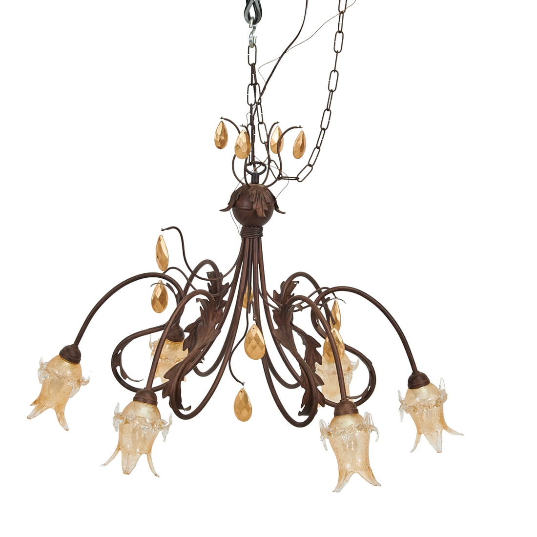 Victorian Style Patinated Metal Six Arm Chandelier, with gold flecked blown glass floriform: Victorian Style Patinated Metal Six Arm Chandelier, with gold flecked blown glass floriform shades.{Approximate dimensions: 24" H x 32" W}