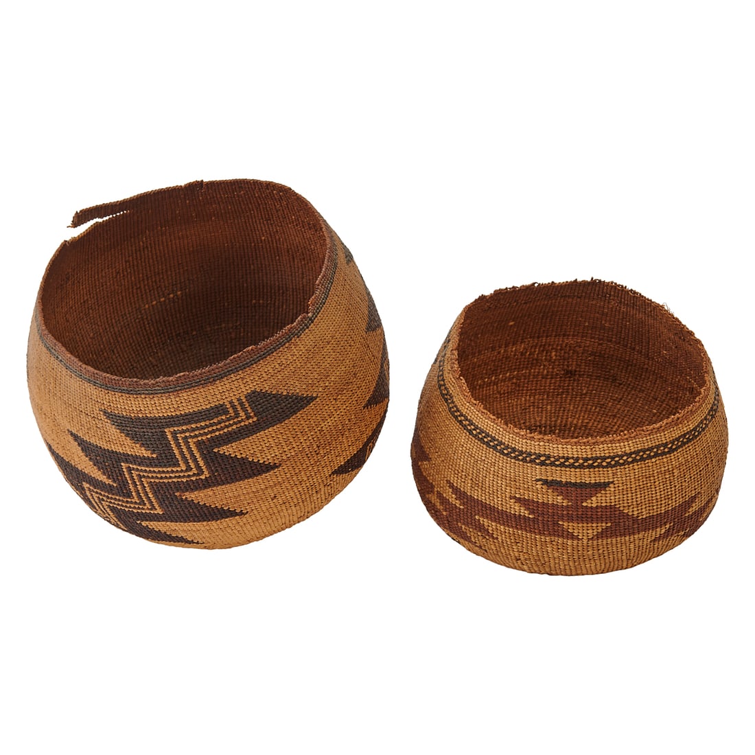 Two Hupa Yarok Kurok Woven Baskets, comprising two squat, globular baskets woven and coiled in (1 of 2)
