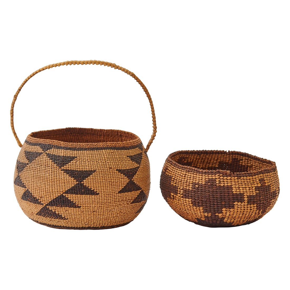 Two Native American Hupa or Yurok Woven Baskets. Comprising globular basket with handle and triangle (1 of 4)