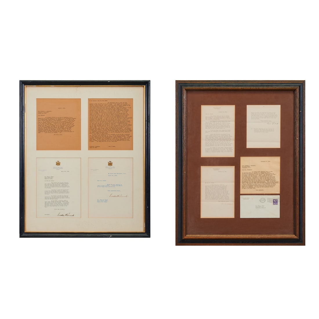 Framed Correspondence Between Franklin D and Eleanor Roosevelt and John F House;including an: Framed Correspondence Between Franklin D and Eleanor Roosevelt and John F House;including an unsigned letter from Mr House to FDR and an unsigned letter from Mr House to the New York Times,along with 