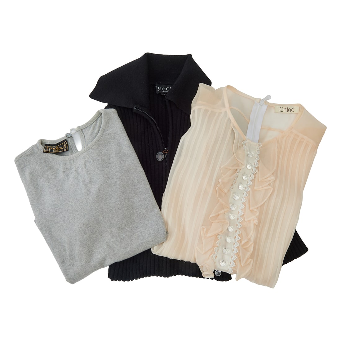 Three High Fashion Garments: Chloe, Fendi, Gucci, comprising a Chloe silk crepe tuxedo style blouse: Three High Fashion Garments: Chloe, Fendi, Gucci, comprising a Chloe silk crepe tuxedo style blouse with pleats flanking the crystal faux button placket to front, back zip, 3/4 length sleeves, unlined