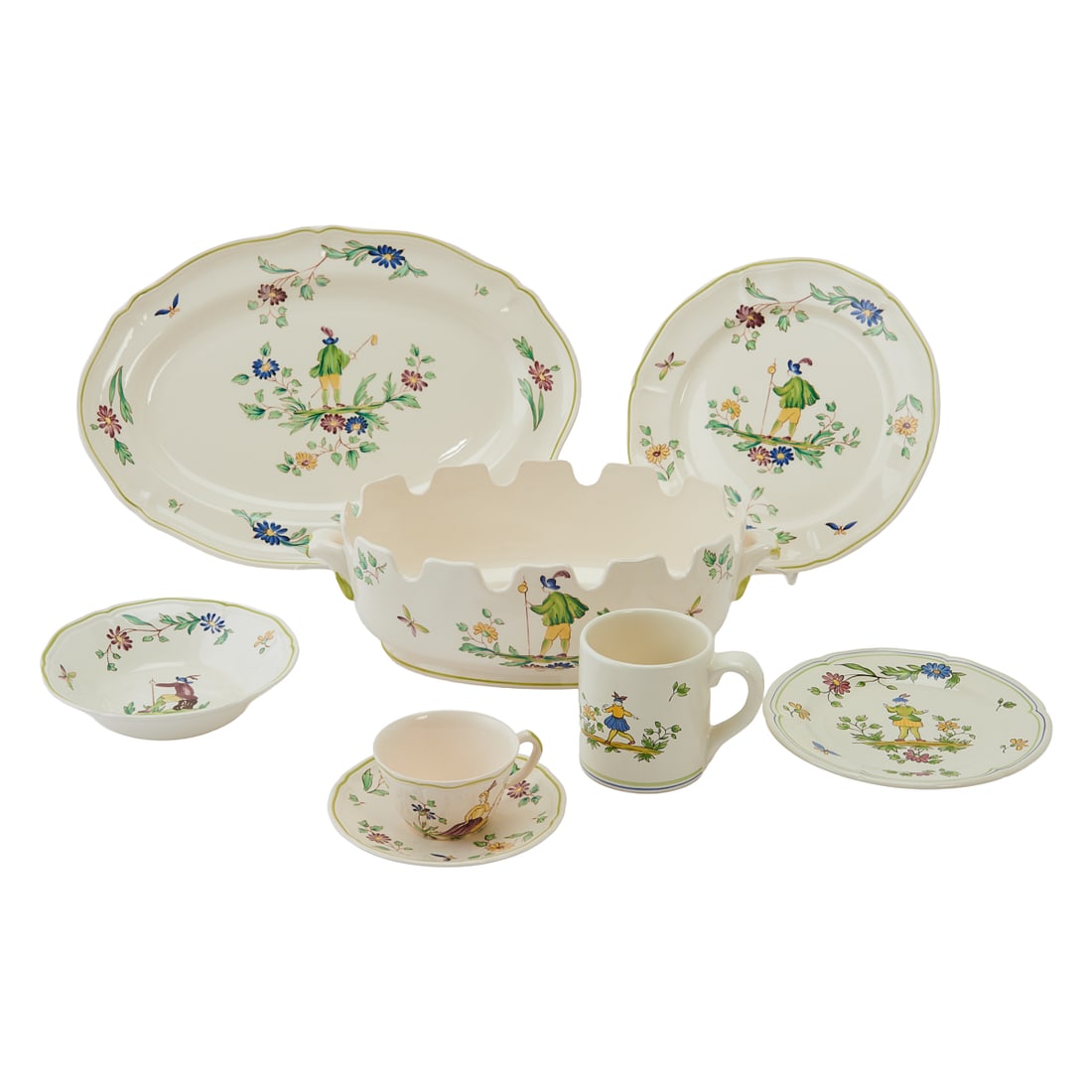 French Longchamps Faience Dinner Service, painted in typical Provincial hues with Chinoiserie (1 of 6)