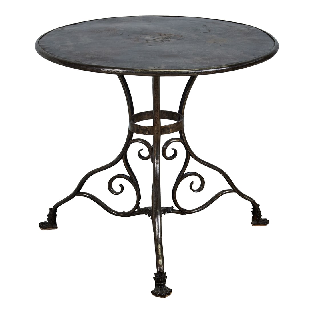French Provincial Wrought Iron and Steel Top Arras Garden Table, the round top over the scrolling (1 of 3)