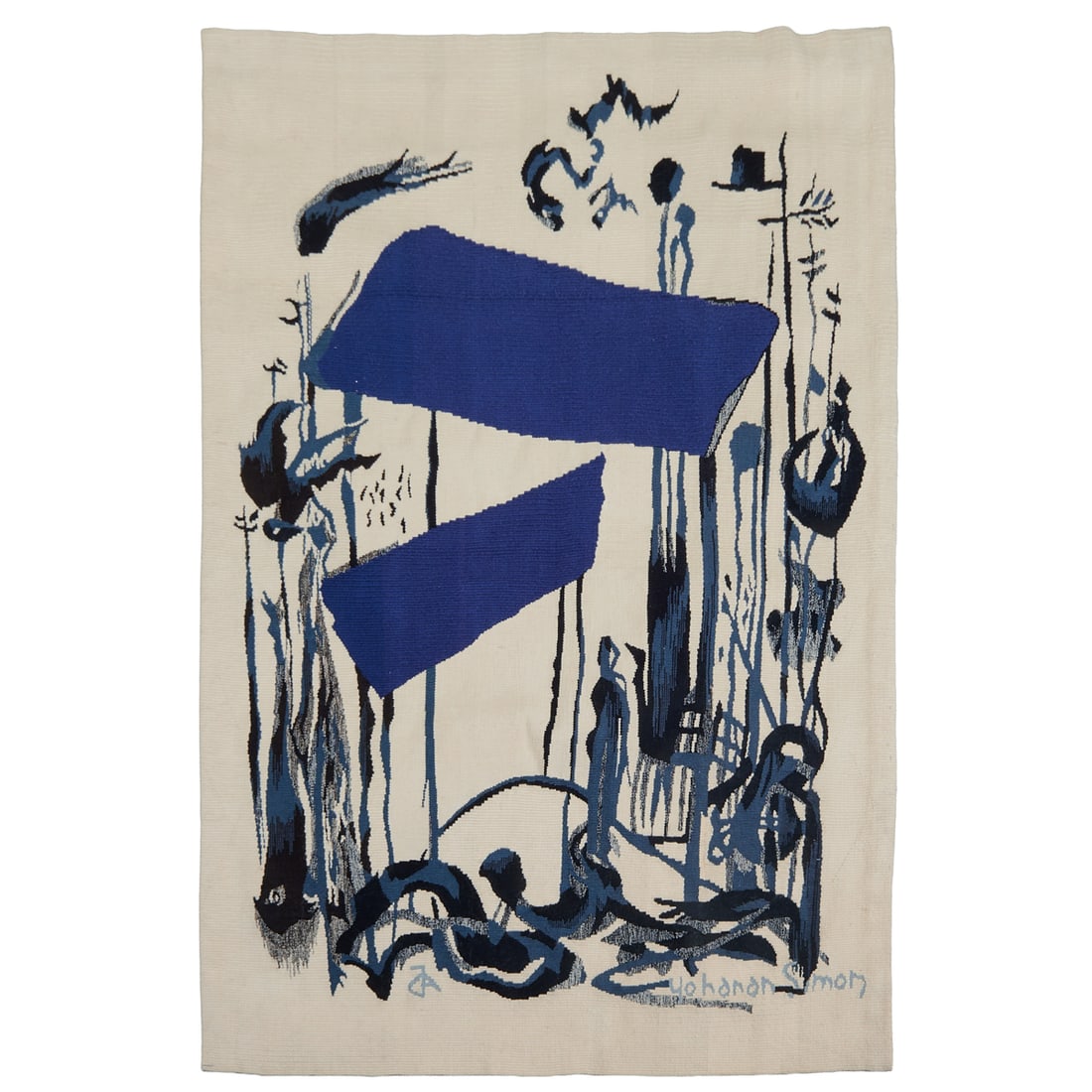 Yohanan Simon Chupa Woven Tapestry, worked in blue, grey and black on off white field. Named, woven: Yohanan Simon Chupa Woven Tapestry, worked in blue, grey and black on off white field. Named, woven and applied signature to lower right.Yohanan Simon (Berlin, German, 1905 - Tel Aviv, Israel, 1976).{