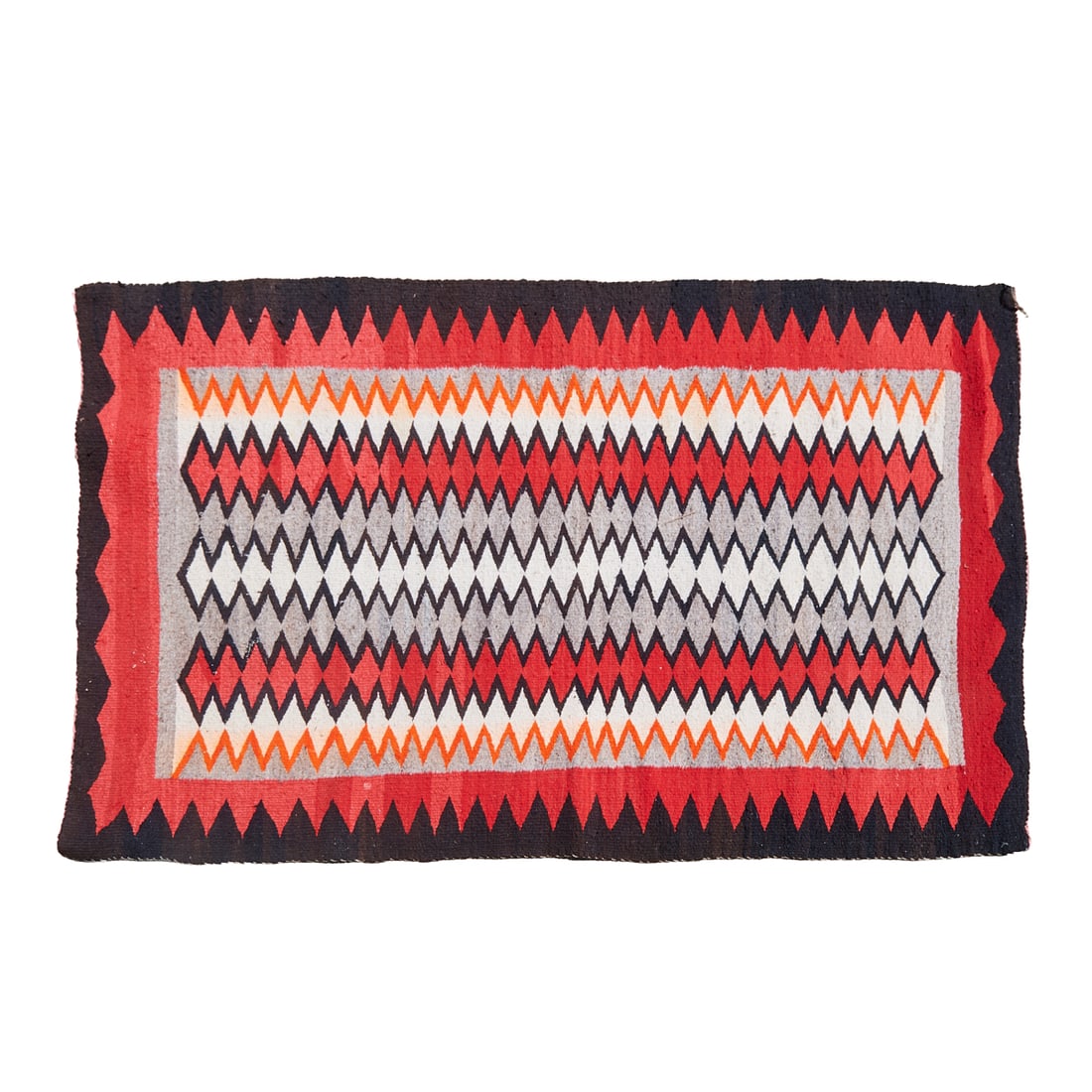 Navajo Dine Woven Eye Dazzler Rug, woven in shades of brown-black, red, orange, white, grey with (1 of 3)