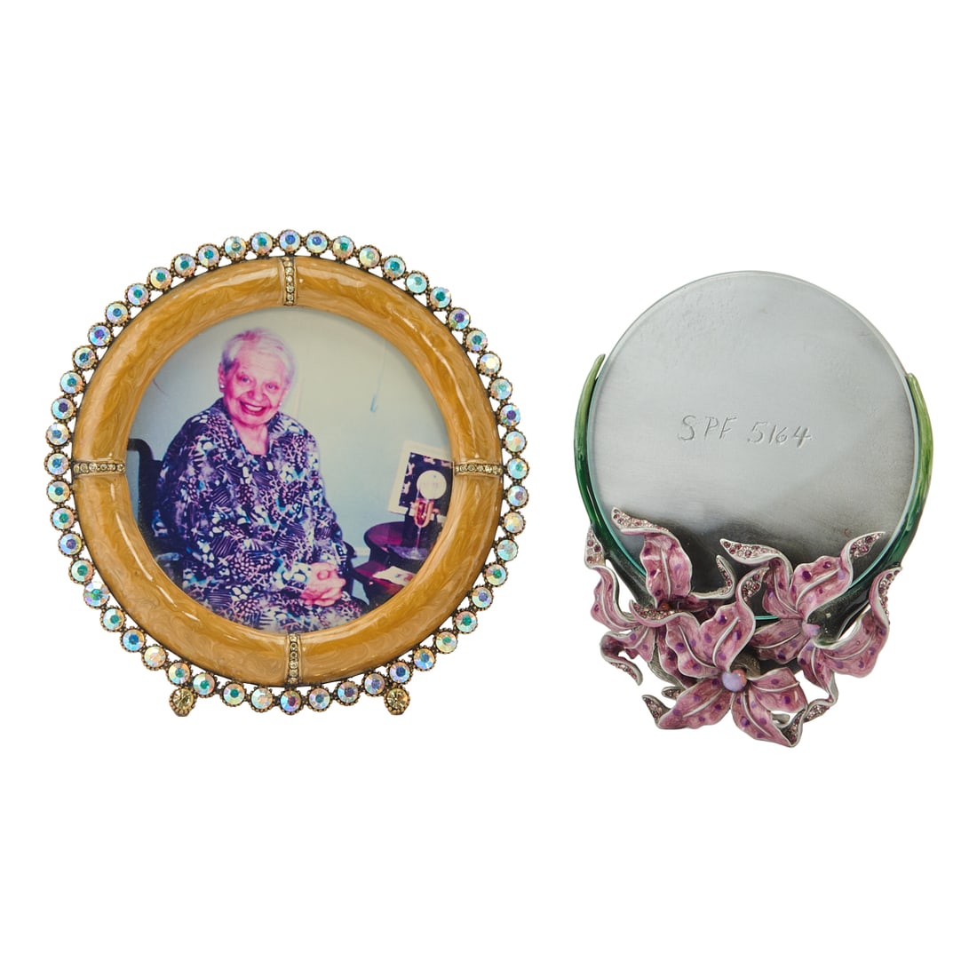 Two Jay Strongwater Enameled Frames, both round, and one with crystal decor, and the other with (1 of 6)