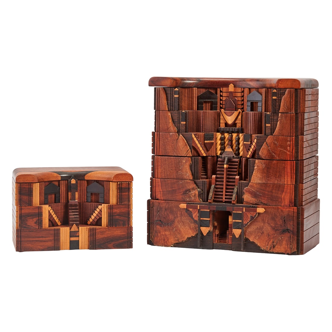 Po Shun Leong Mixed Wood Landscape Boxes. Po Shun Leong (English, b. 1941); cherry burl, koa, (1 of 5)