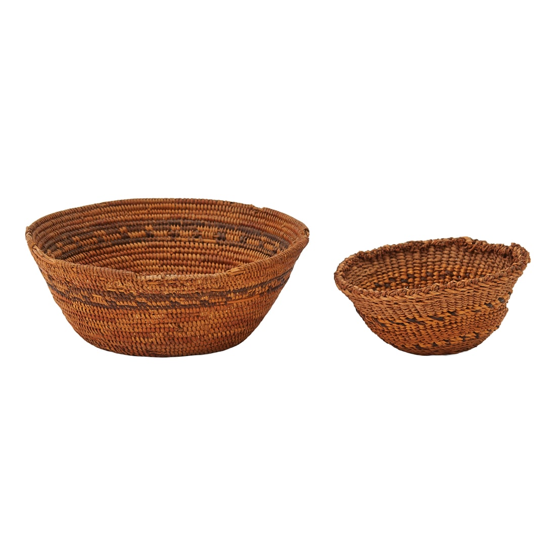 Two Pima Woven and Coiled Baskets including Miniature, the larger example with banded geometric (1 of 3)
