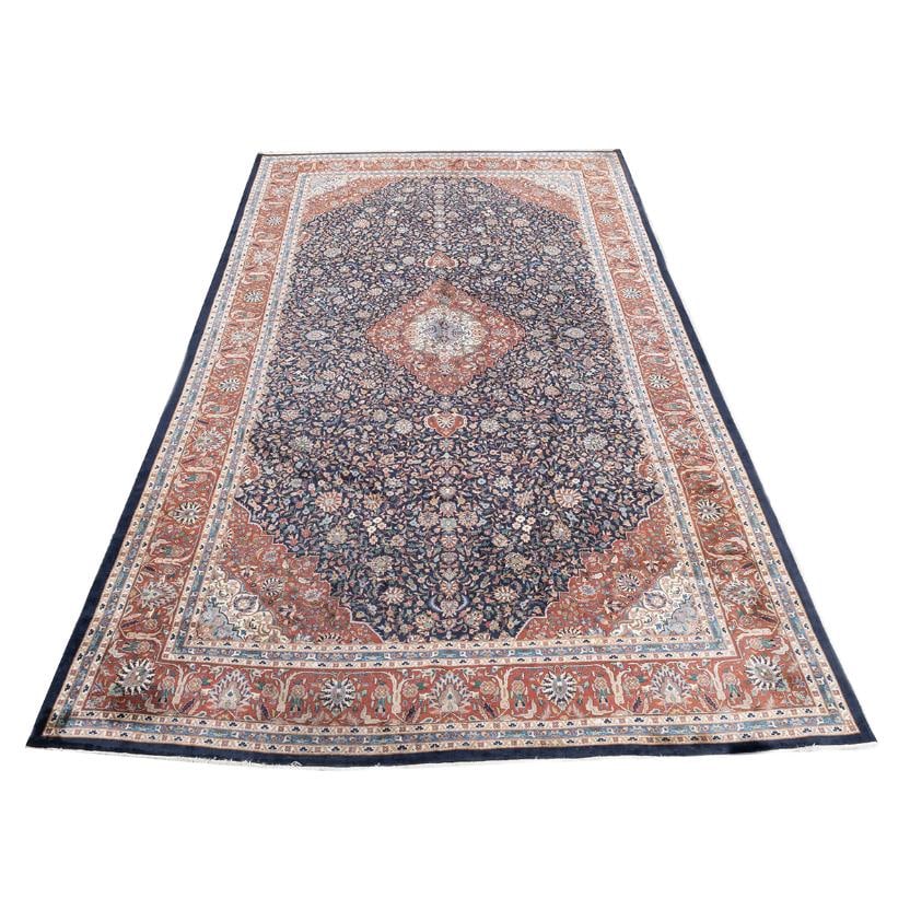 Persian Kashan Carpet. Central medallion on blue ground, red main border with triple inner and outer (1 of 3)