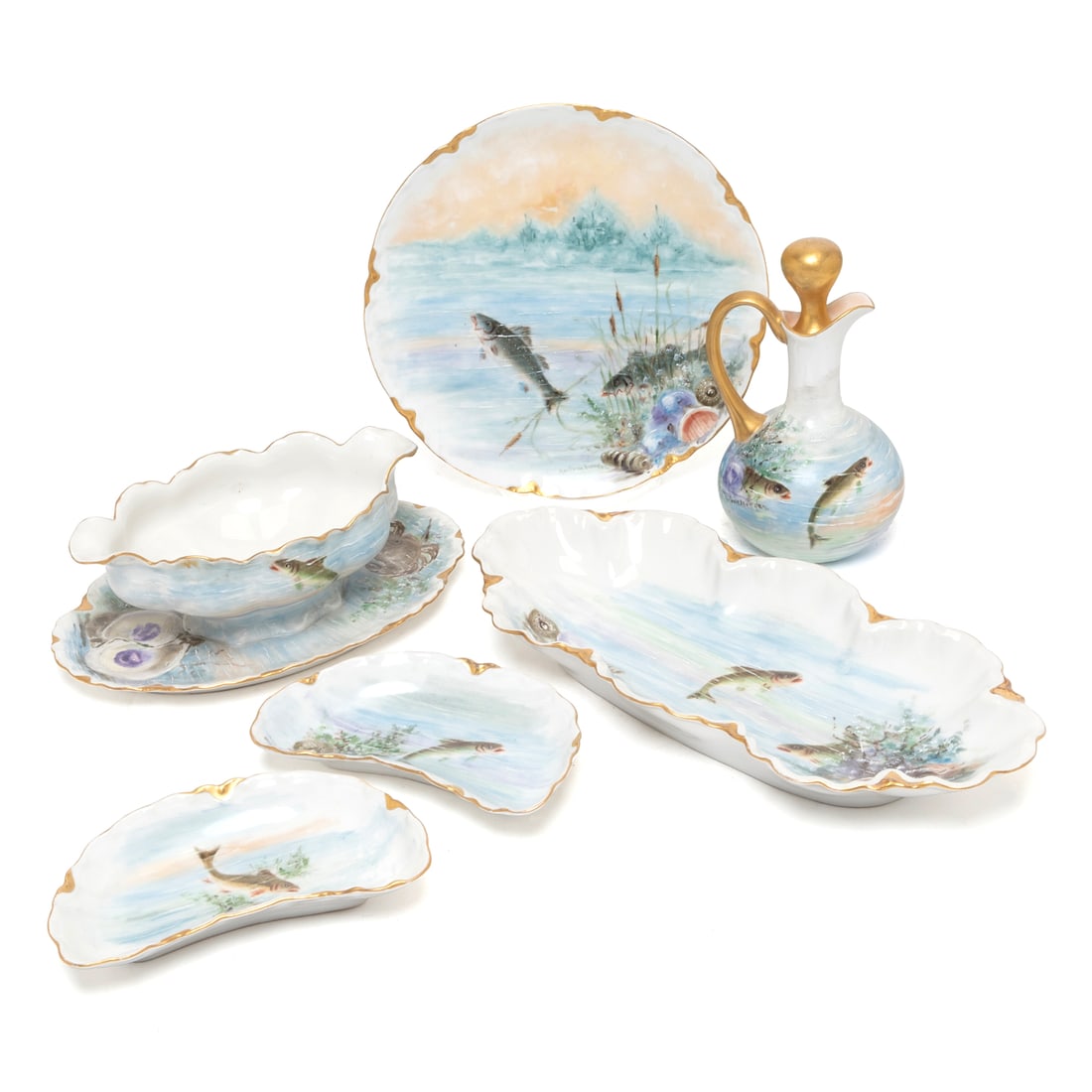 Haviland Limoges Painted Porcelain Fish Motif Set. Comprising 12 luncheon plates, 12 semi-circular (1 of 4)