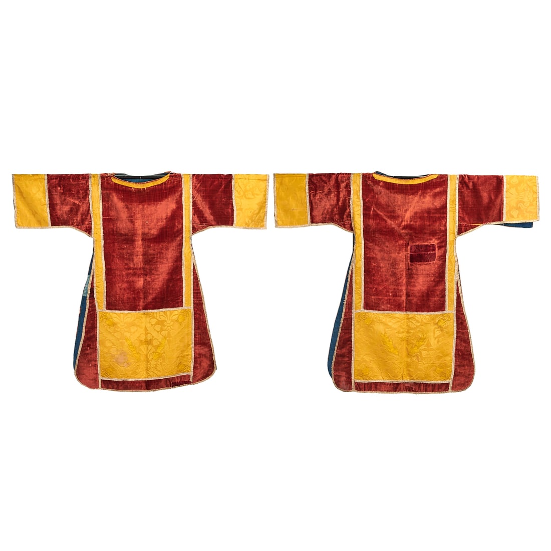 Two Spanish Velvet and Silk Damask Dalmatics, the red velvet garment with panels of yellow damask in (1 of 10)