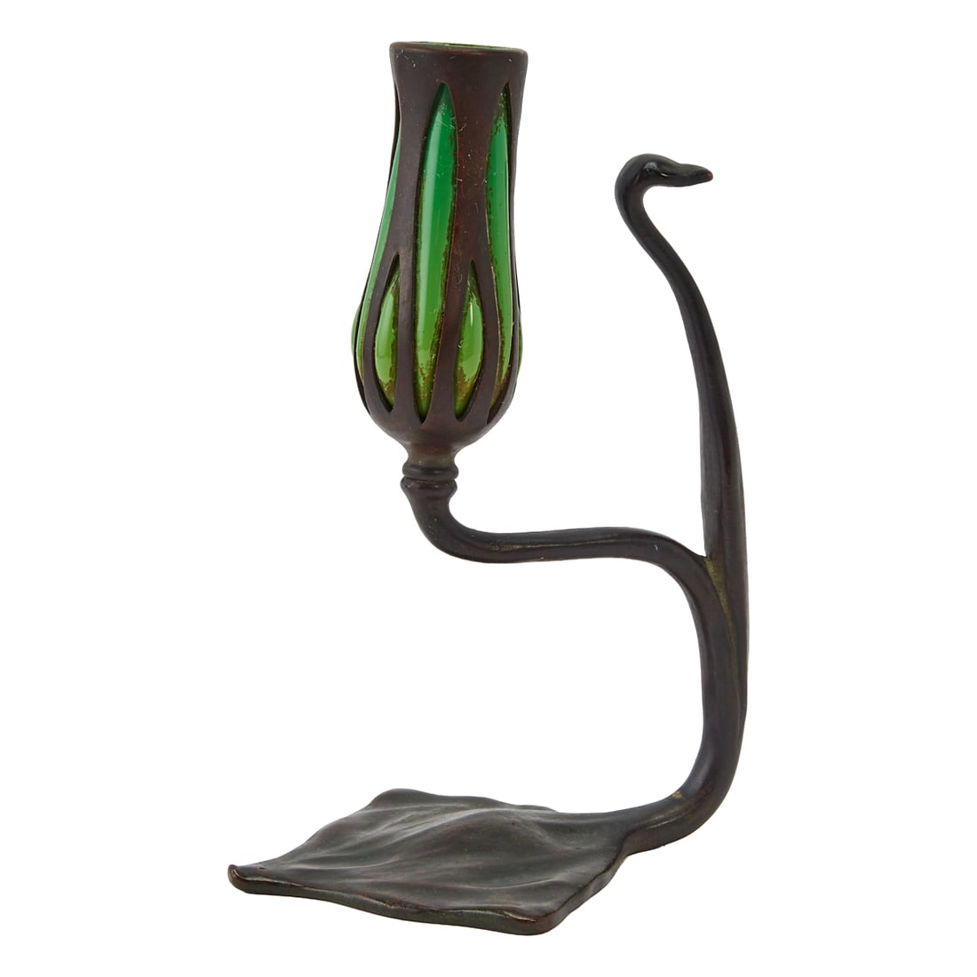 Tiffany Studios Bronze Candlestick Lamp Base, the cobra-style base issuing an elongated pierced (1 of 6)