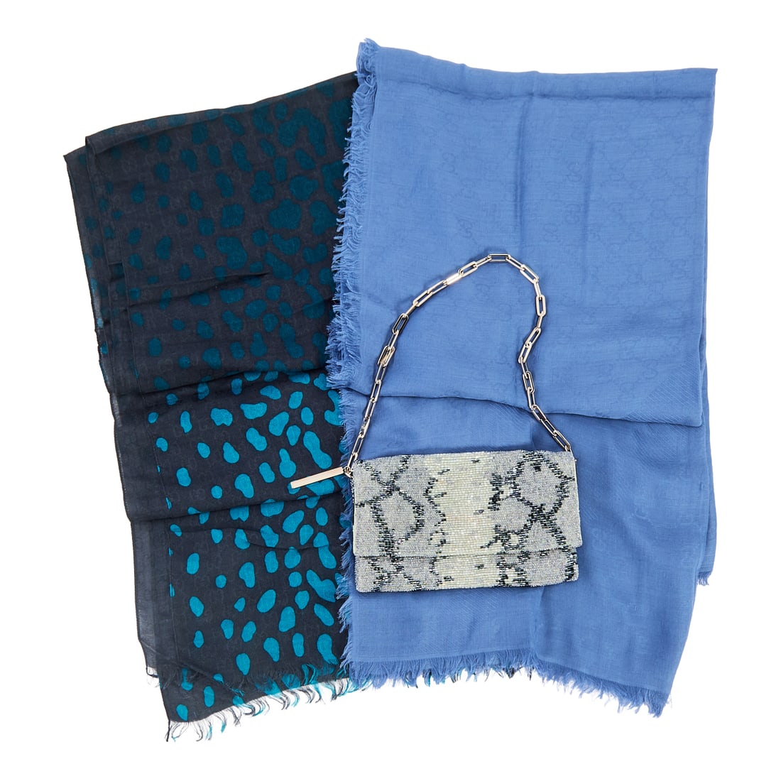 Three Gucci Accessories including Purse, comprising beaded snakeskin pattern purse on chain designed (1 of 9)