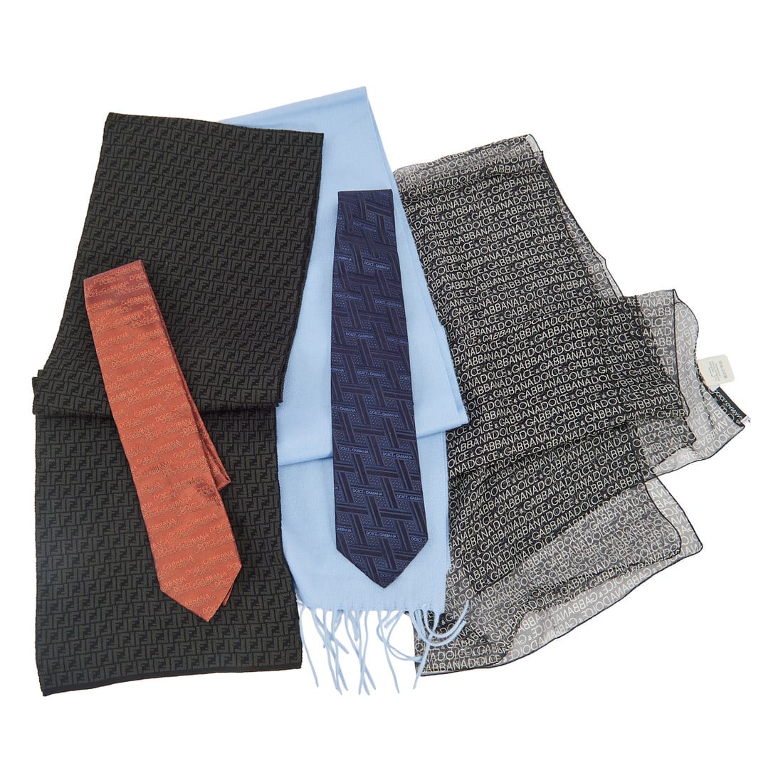 Fendi and Dolce and Gabbana Accessories, including scarves and ties. Comprising black and grey print (1 of 12)