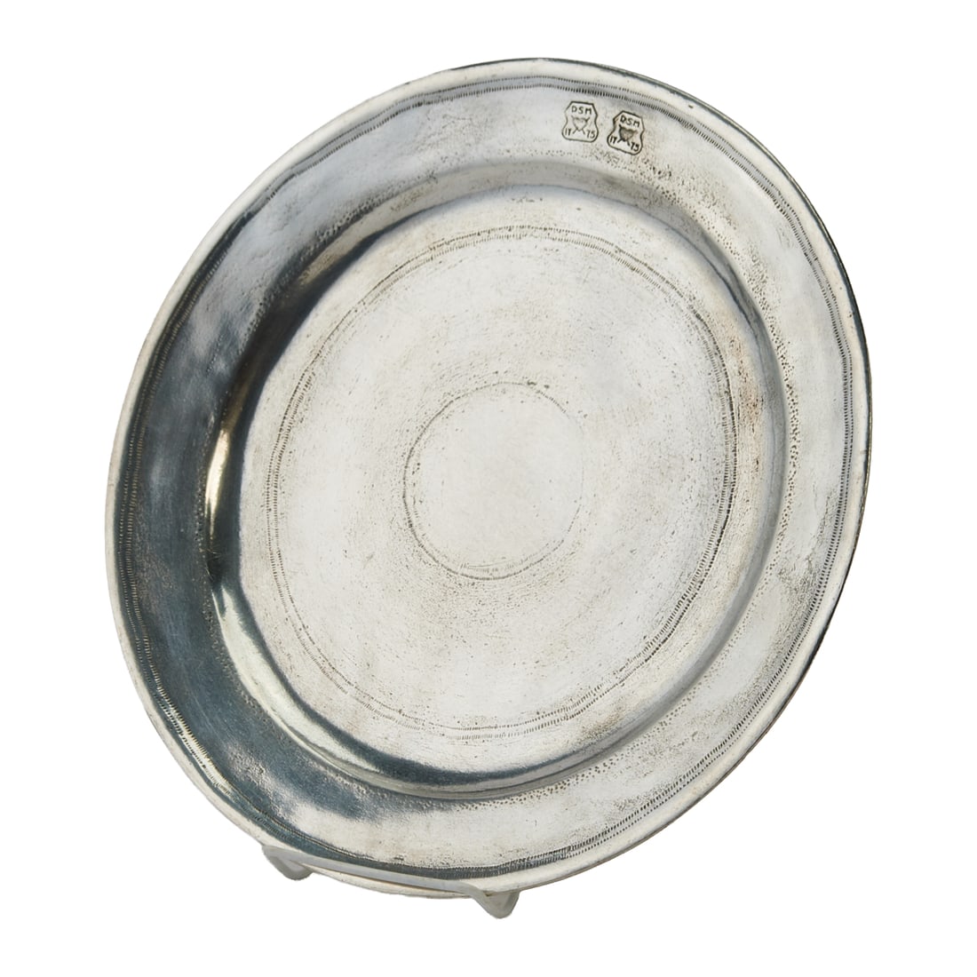 Twelve Italian Pewter Charger Plates, with replica antique marks; {Approximate dimensions: 12" D: Twelve Italian Pewter Charger Plates, with replica antique marks; {Approximate dimensions: 12" D (each)}.
