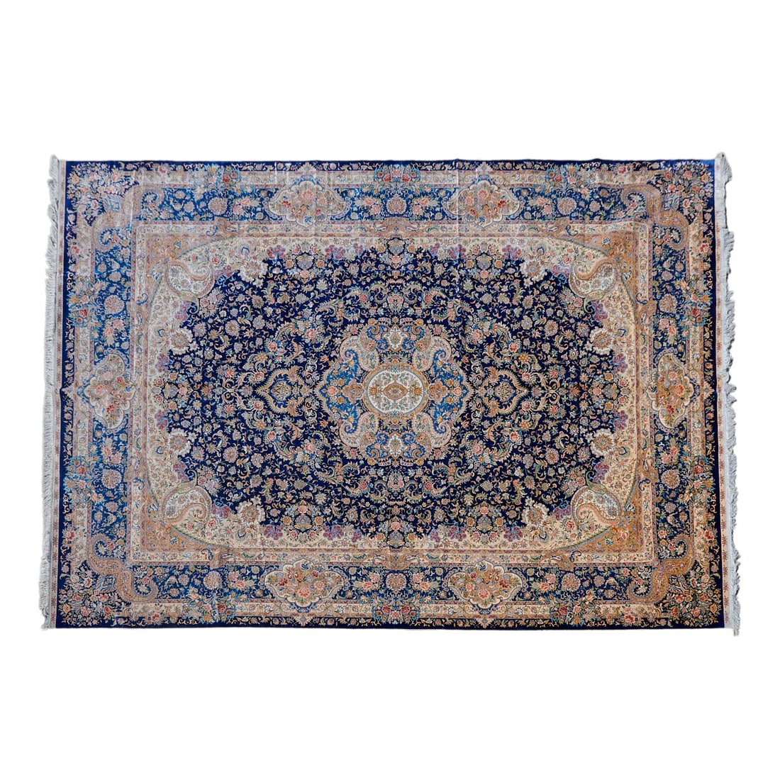 Persian TabrizSilk Semi Antique Carpet, woven in silk in shades of blue, ochre, brown, redand white, (1 of 3)
