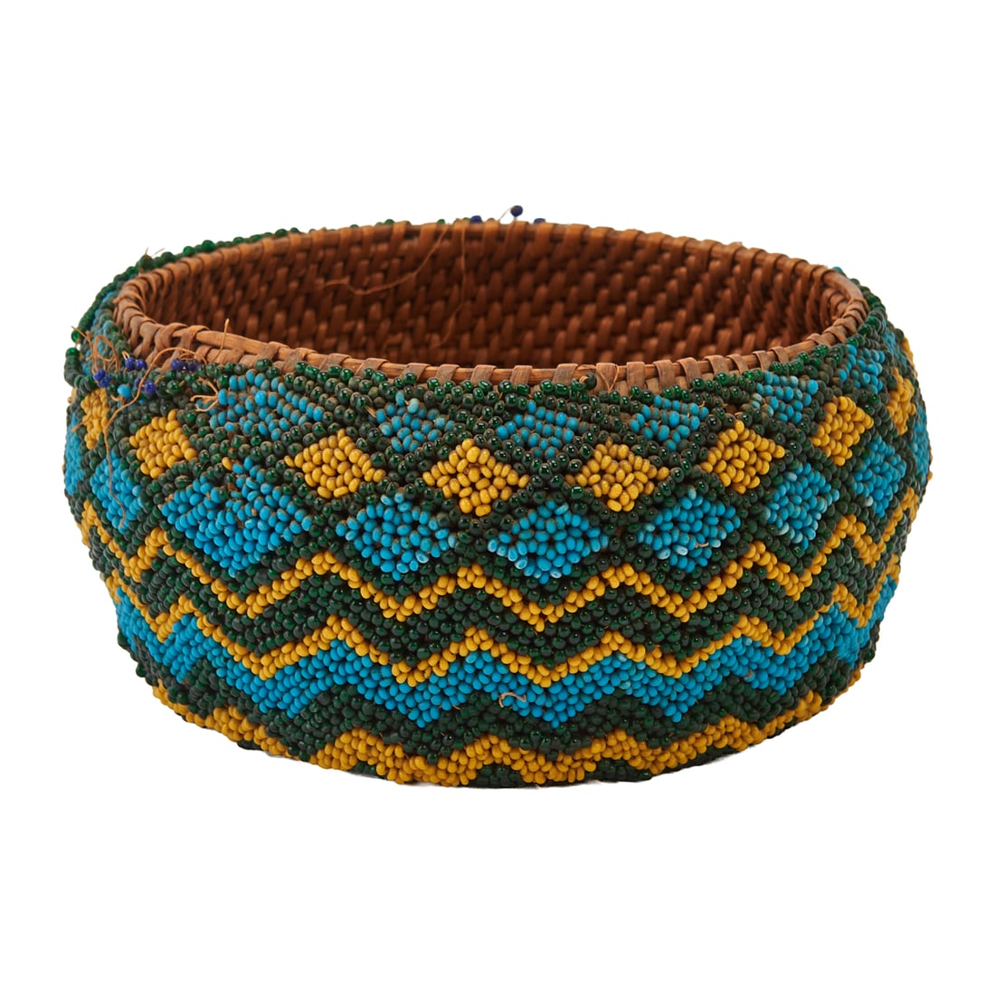 Native American Paiute Beaded Woven Basket, probably from Mono Lake,the exterior sewn with glass (1 of 3)