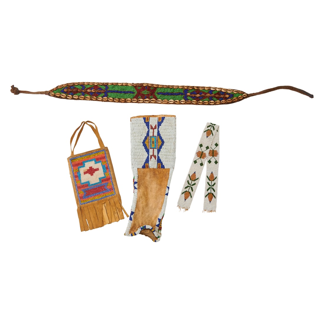 Four Native American Beaded Articles; including pipe bag, belt, beaded and shell decorated belt, and (1 of 5)