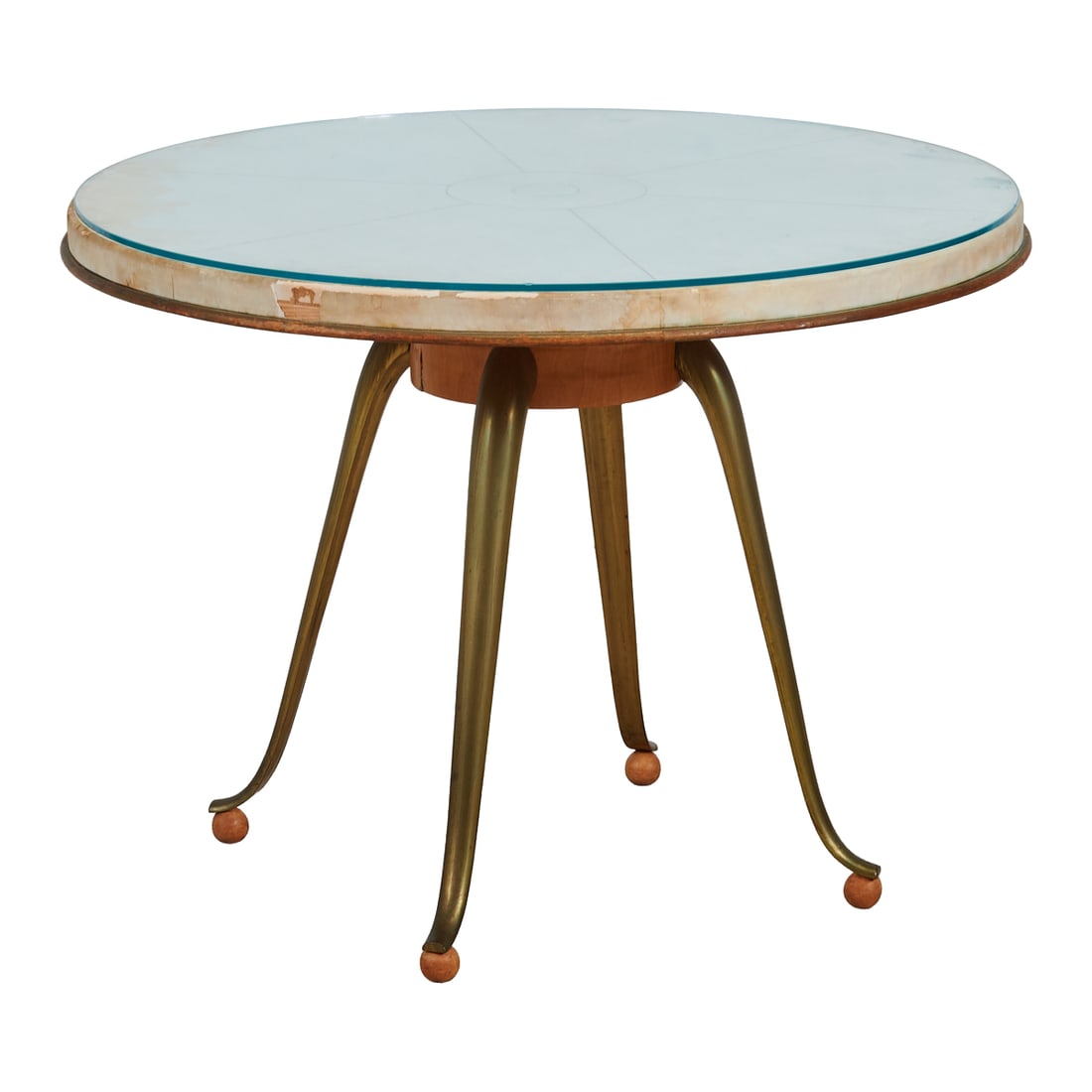Jean Royere Inspired Low Occasional Table, with round parchment top wrapped over wood, and (1 of 3)