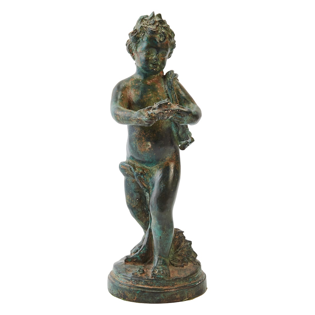 Patinated Bronze Fountain or Garden Figure, modelled as a sanding youth carrying scallop shells, on: Patinated Bronze Fountain or Garden Figure, modelled as a sanding youth carrying scallop shells, on stepped circular base. Circa 1900, after the antique. Not marked.{Approximate dimensions: 14 5/8" H.