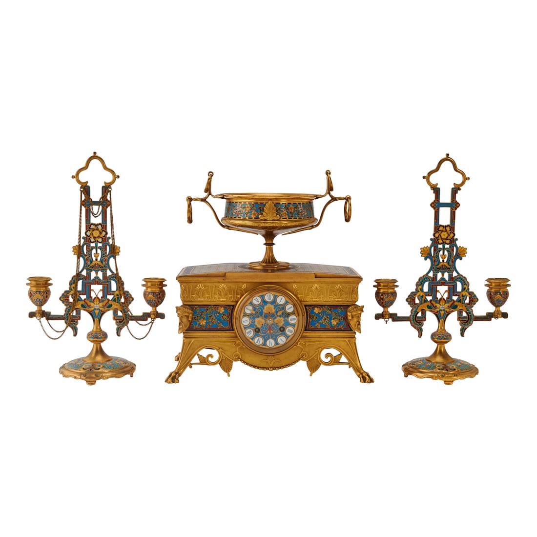 Ferdinand Barbedienne Gothic Revival Clock Garniture, gilt bronze rectangular clock on four legs (1 of 10)
