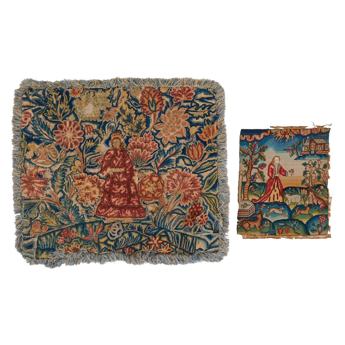 Two English Transitional Needlework Specimens, comprising a William and Mary picture of a woman in a (1 of 6)